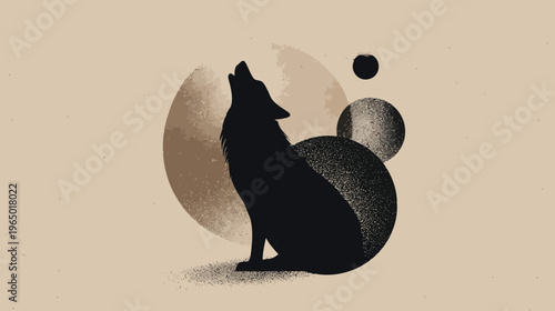 A silhouette of a wolf howling, with abstract spherical shapes in shades of brown and gray