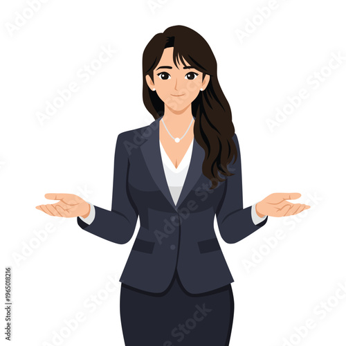 Confident Businesswoman Presenting with Open Hands Gesture. Flat Vector Character