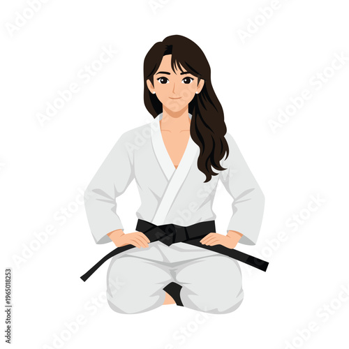 Female Martial Artist Tying Black Belt in Karate Uniform. Flat Vector Character