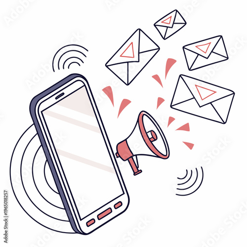 smartphone with megaphone and flying emails