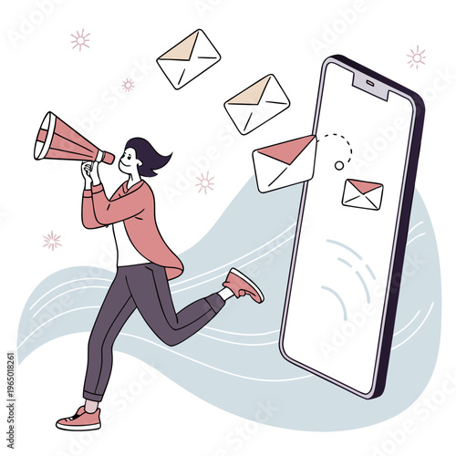 person holding megaphone and sending emails from smartphone