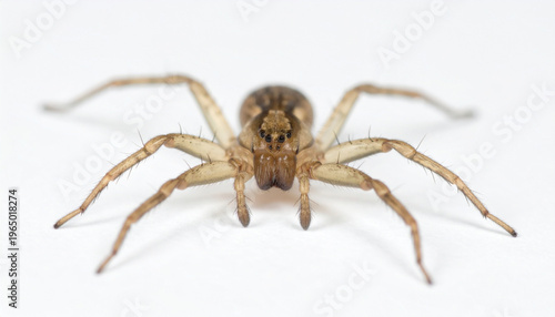 A close-up photo of a brown spider standing on a white surface with eight legs.