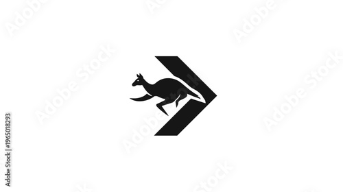A black silhouette of a kangaroo leaping within a right-pointing arrow on a white backdrop