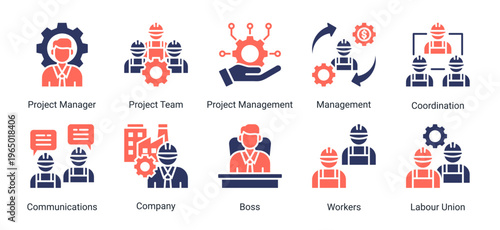 Construction team and management icon set featuring leadership,coordination,workforce,and communication.Ideal for organization and business management concepts.