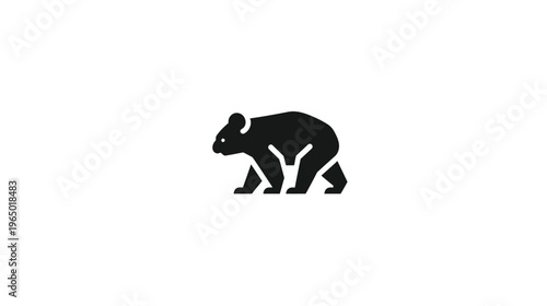 A minimalist illustration features a black koala bear in a walking pose against a white background