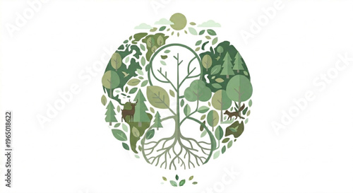 A beautiful circular illustration depicting a vibrant ecosystem with a central tree, roots, leaves, forests, sun, and a small animal, symbolizing nature's interconnectedness.
