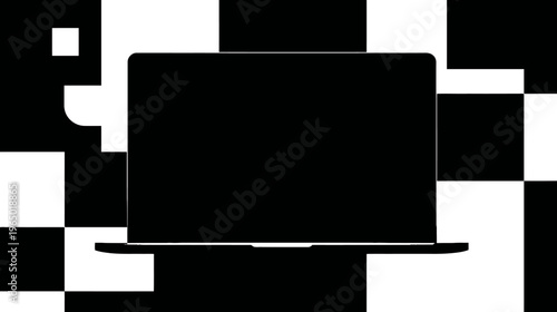 A simple, flat graphic illustration of a laptop on a checkered black and white background