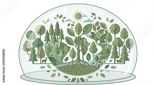 A vibrant miniature ecosystem with diverse green trees, plants, and wildlife, including deer, enclosed within a clear glass dome, symbolizing nature's delicate balance.