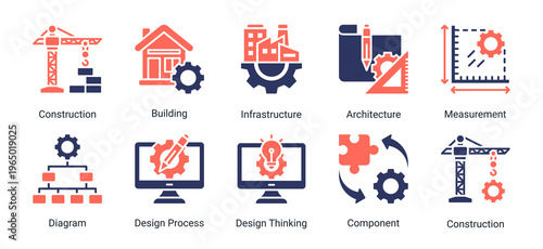 Construction and engineering icon set featuring building,infrastructure,architecture,and design process.Ideal for engineering and development projects.