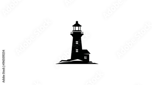 Black silhouette of a lighthouse on a rocky outcrop against a white background. Simple and bold graphic