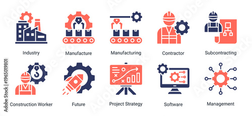 Construction industrial and execution icon set featuring manufacturing,contractor,workforce,and development strategy.Ideal for industrial and project execution concepts.