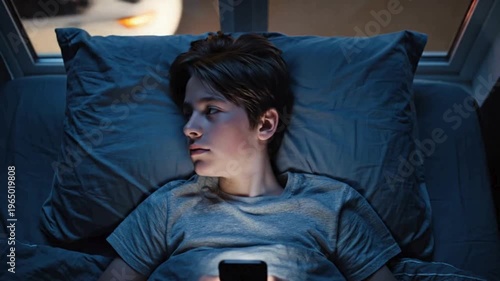 Young Boy Lying in Bed Using Smartphone in Dark Room