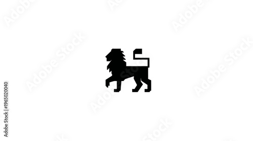 A black, geometric lion silhouette against a white background, simplistic and striking