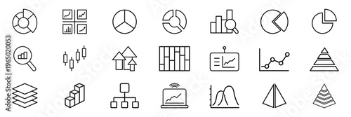 Infographic Diagram Icons. Outline icon set of infographic diagrams: venn diagram, pyramid chart, radial chart. Thin line diagram icon set editable stroke data network hierarchy vector collection. 