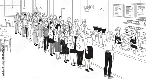 A long queue of diverse people waiting patiently in a store.