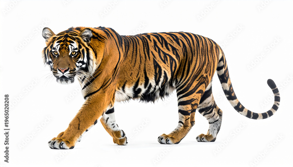 Obraz premium A majestic tiger walks forward on a white background with intense gaze.