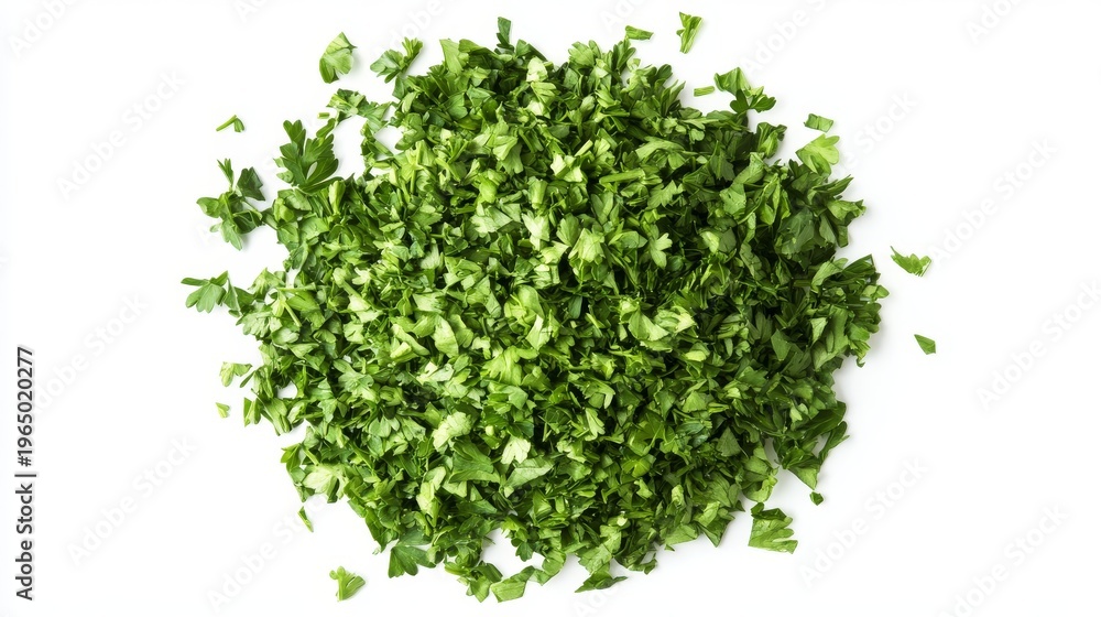Obraz premium Close-up top-down view of dry parsley pile with visible texture and color variation, isolated on pure white background for food packaging design