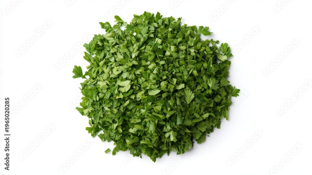 Fototapeta premium Close-up top-down view of dry parsley pile with visible texture and color variation, isolated on pure white background for food packaging design