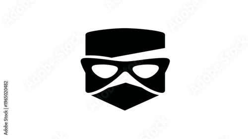 A simple, black geometric logo of a face with bandanna, sunglasses, and beard