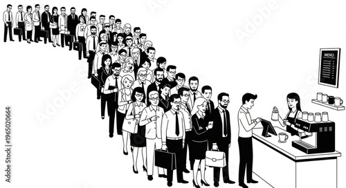 A long queue of people waiting in line at a counter.