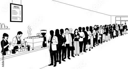 A long queue of people waiting in line at a counter.