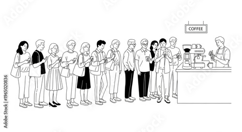 A long queue of people waiting in line at a counter.