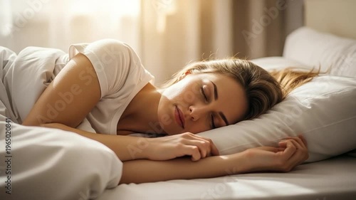 Peaceful young woman sleeping in white bed with soft morning sunlight for circadian rhythm health