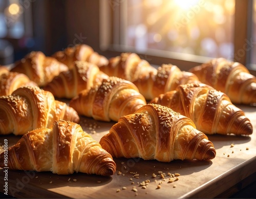 Golden croissants on a baking sheet near a sunny window