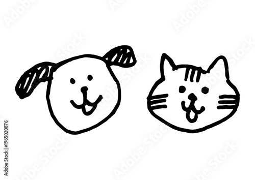 Hand drawn dog and cat face doodle, simple sketch style pet illustration, cute animal icon set isolated