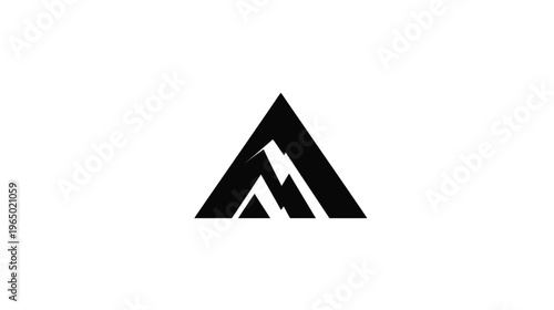 A black and white graphic showing a triangular frame with a mountain scene inside