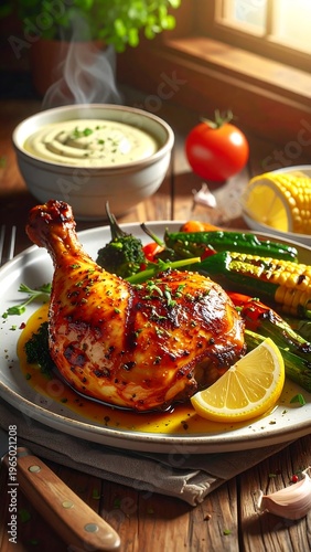 Grilled chicken with vegetables and lemon on plate