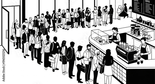 A long queue of people waiting to order coffee at a busy cafe counter.