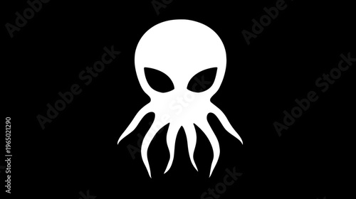 A white silhouette of an alien-octopus hybrid on a black background