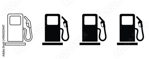 Gas station fuel pump icons collection, petrol and diesel dispenser symbols in line and glyph styles for transportation, energy and service design vector set.