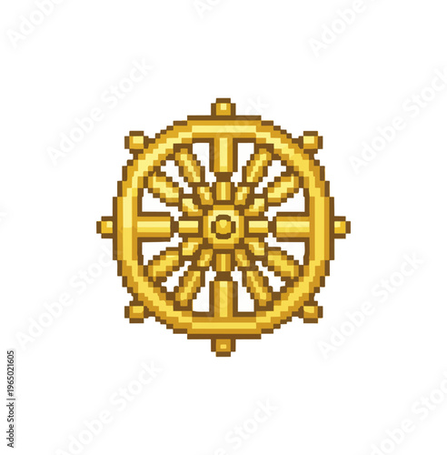 Golden wheel on black background symbol of spirituality and buddhism