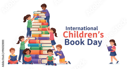 Vector illustration of children reading and stacking books on International Children's Book Day with colorful design elements.
