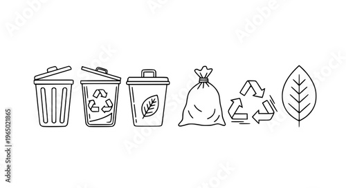 Horizontal Row Waste Icons Vector Set – Recycling and Trash Outline Design