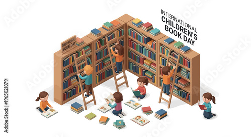 Isometric illustration of children reading and retrieving books from a large, curved bookshelf on International Children's Book Day with a colorful and lively atmosphere.
