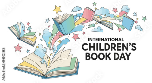 Illustration of International Children's Book Day with colorful books and stars on a white background, conveying a joyful and literary mood.