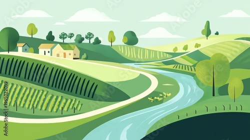 Clean modern farm background with curved lines representing cultivated fields, trees, grape rows, and river paths in flat vector design