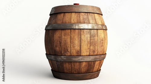 Single traditional wooden wine barrel with worn texture, shadow underneath and clean white studio backdrop, created in hyper-realistic 3D