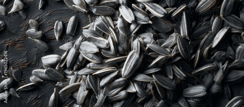 Sunflower seeds creating textured background on dark surface