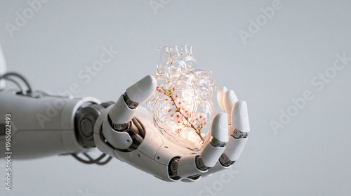 Robotic hand gently holding a fragile transparent glass heart with blooming flower, empathy in artificial intelligence concept.