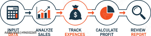 Financial process steps for inputting data analyzing sales tracking expenses and reporting