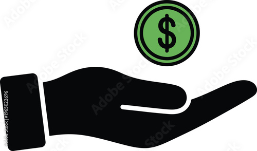 Hand holding coin, concept of charity, donation, earning money, financial aid or payment