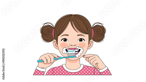 Smiling young girl with her hair in buns brushes her teeth with plenty of white foam and a blue toothbrush on white.