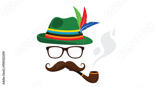 Traditional Alpine hat with colorful feathers is paired with glasses, a thick mustache, and a smoking pipe illustration.