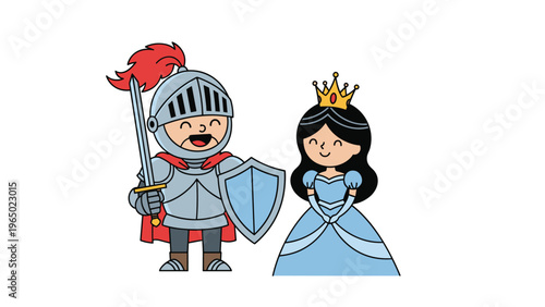 Brave cartoon knight in silver armor with a sword and shield stands beside a beautiful princess in a blue royal gown.