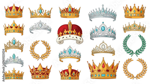 Large collection of regal gold and silver crowns adorned with jewels alongside various laurel wreaths for royal themes.