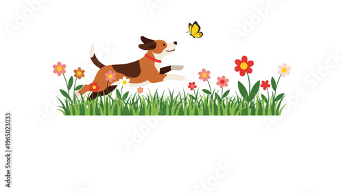 Energetic dog leaps through a vibrant field of flowers while playfully chasing a yellow butterfly on a white background.